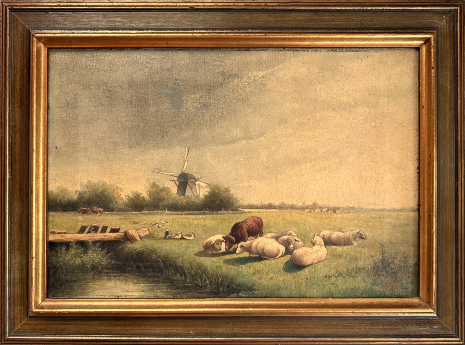 Antique Painting Early 20th C. Sheep, Cow & Farm Animals in Meadow | Windmill Landscape | European Country Art | Vintage Farmhouse Decor
